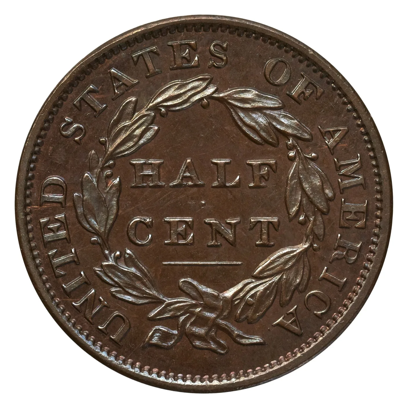 Reverse of a high-grade 1834 Classic Head half cent with glossy unworn surfaces, sharp wreath leaf veins and even chocolate-brown colour