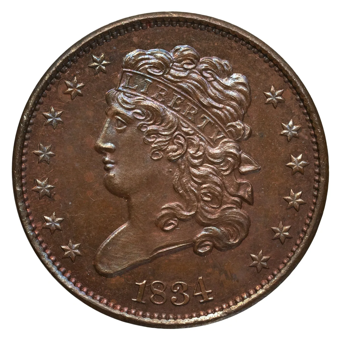 Obverse of an 1834 Classic Head half cent in high grade, the LIBERTY headband fully legible across the forehead, hair in a knot behind, thirteen stars around the border and the date 1834 below
