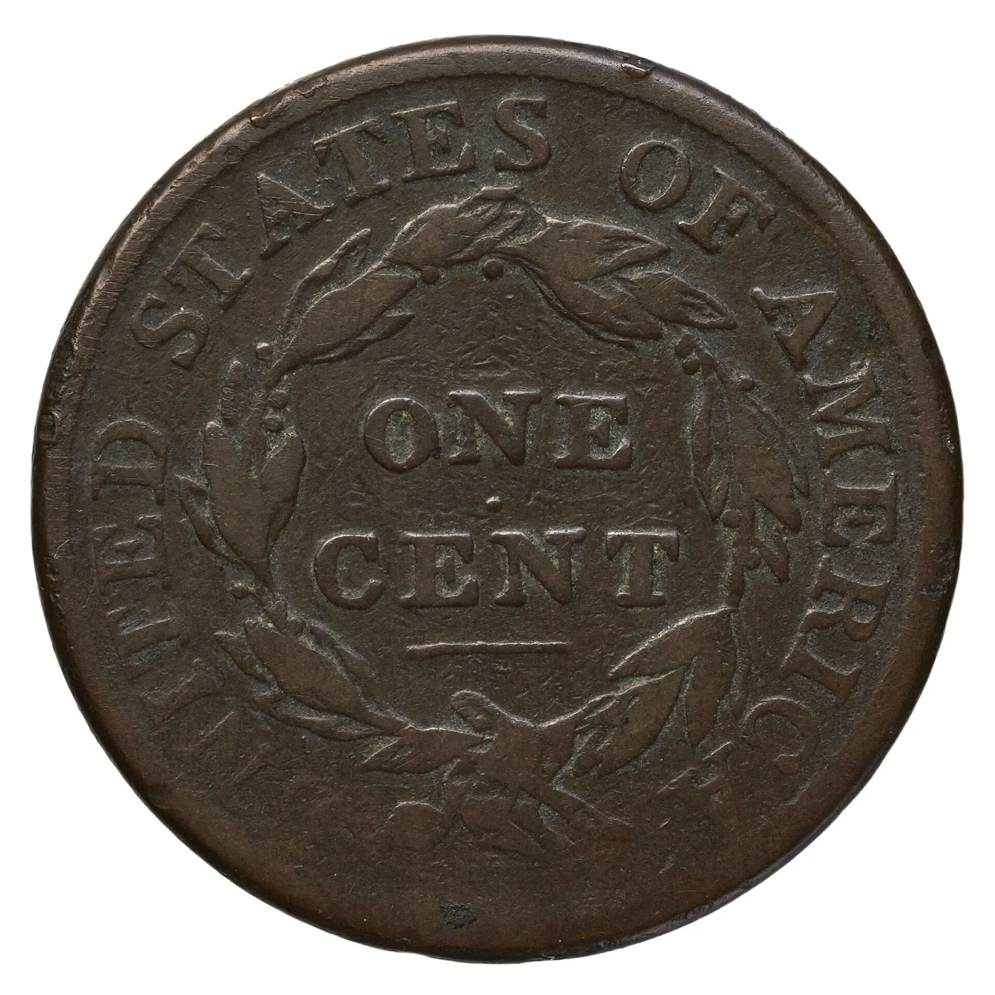 Reverse of the same 1809 Classic Head large cent with softened wreath leaves, a worn legend and an empty field below the ribbon bow