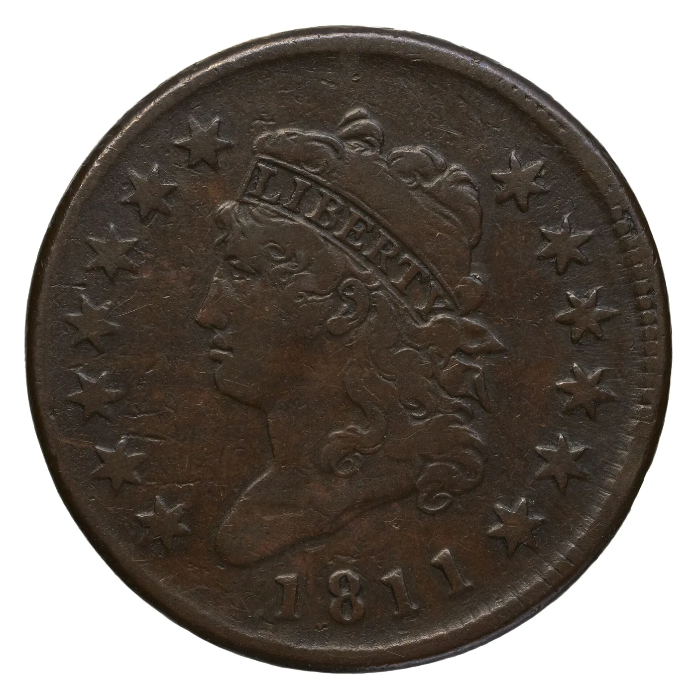 Obverse of an 1811 Classic Head large cent with the date 1811 below the bust, the final 1 standing clear of the field