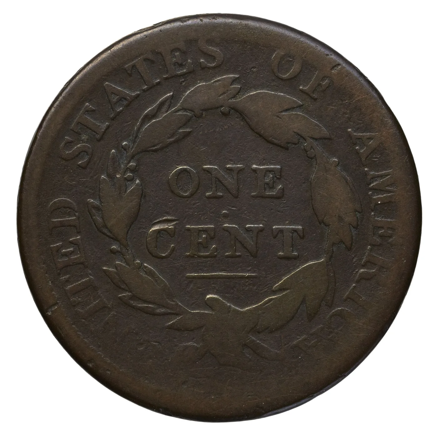 Reverse of an 1813 Classic Head large cent with dark granular surfaces, softened wreath leaves and a legend that fades into the rim