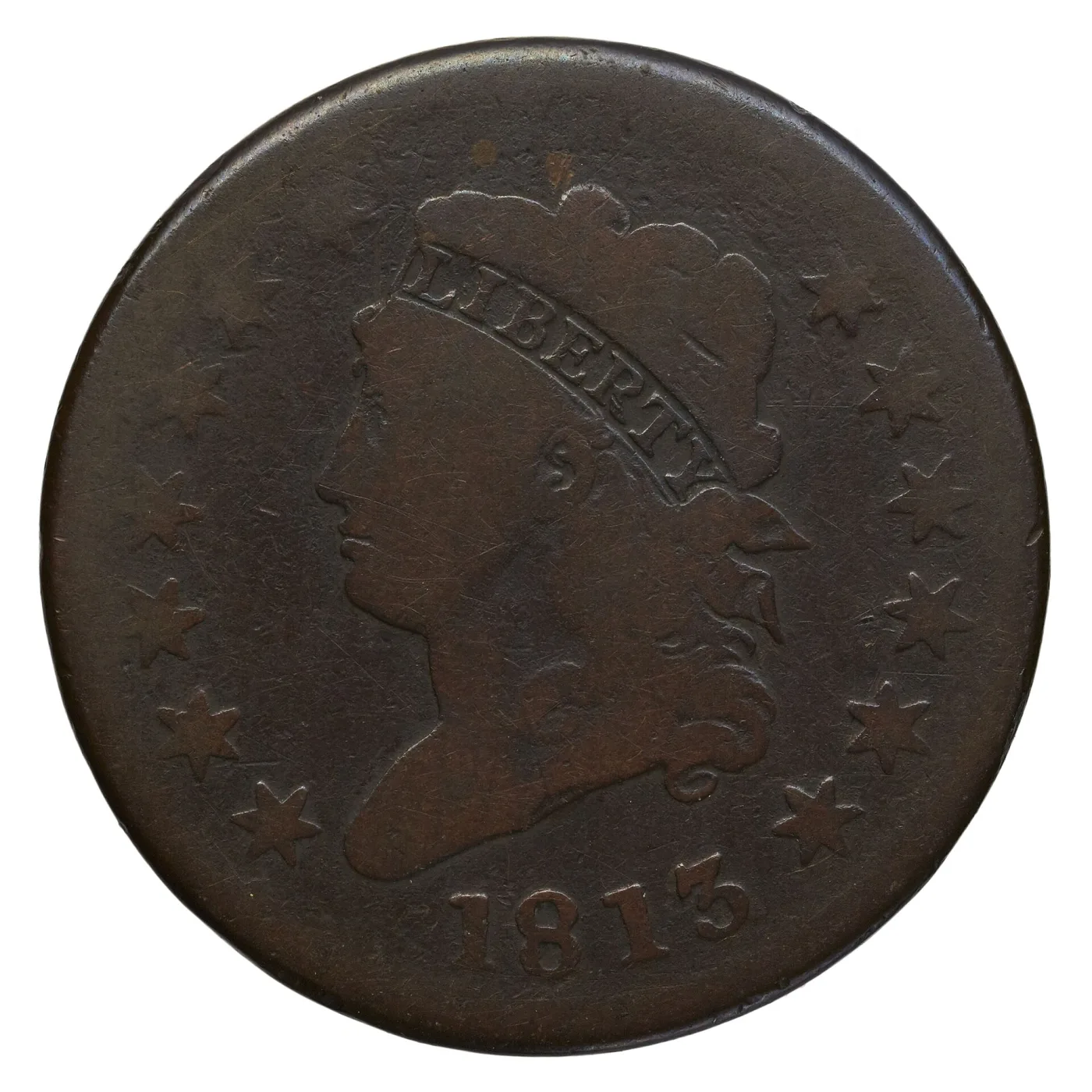Obverse of an 1813 Classic Head large cent, uniformly dark and granular, with the stars barely raised above the field and scratches across the portrait