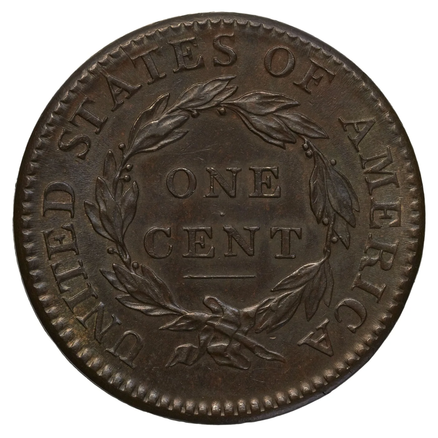 Reverse of an 1814 Classic Head large cent with smooth glossy brown surfaces, sharply veined wreath leaves and complete dentils around the rim