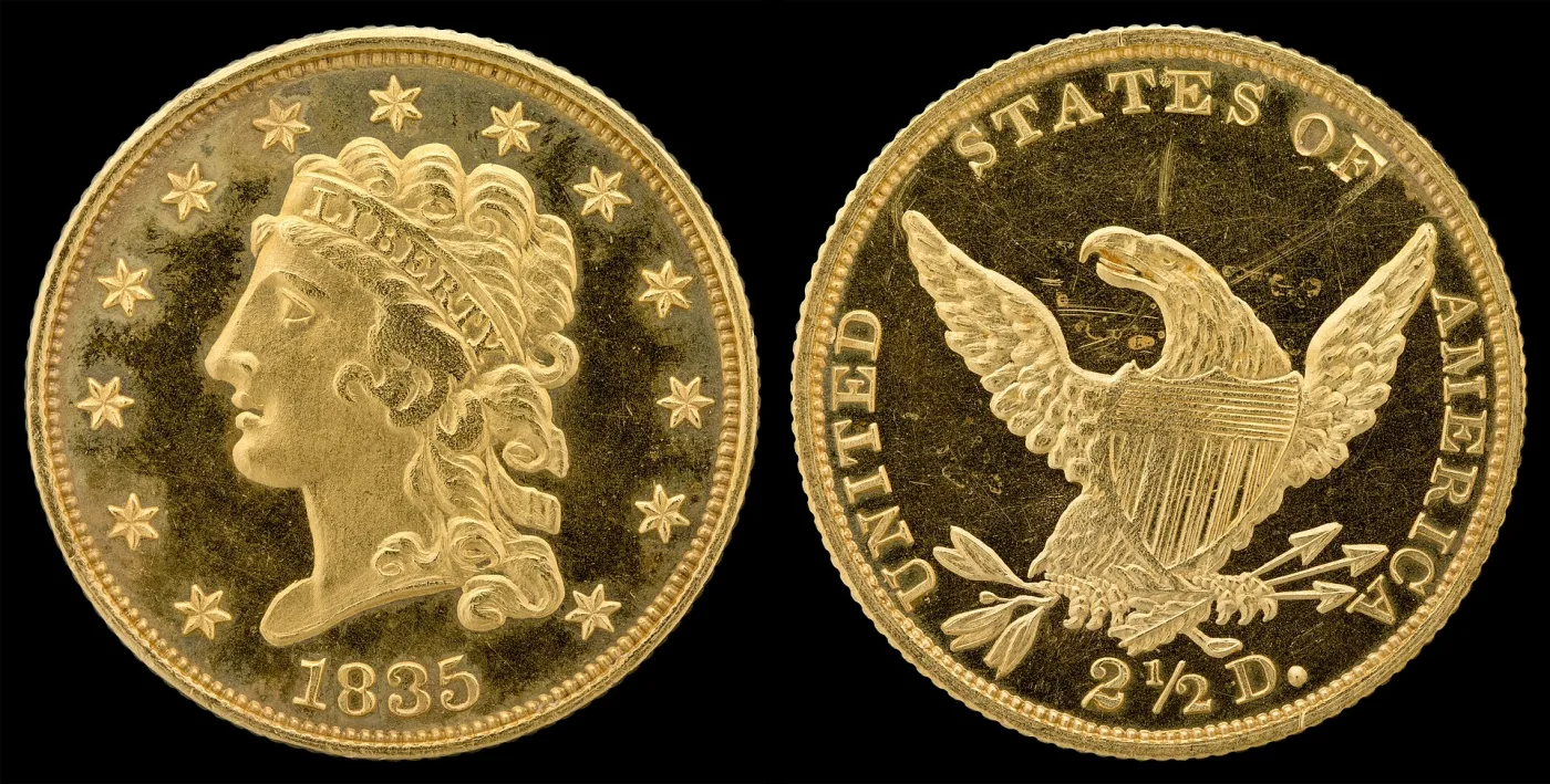 Obverse and reverse of an 1835 Classic Head quarter eagle side by side, Liberty bare-headed with LIBERTY on a flat fillet across the brow, and a heraldic eagle above 2 1/2 D. with no motto scroll
