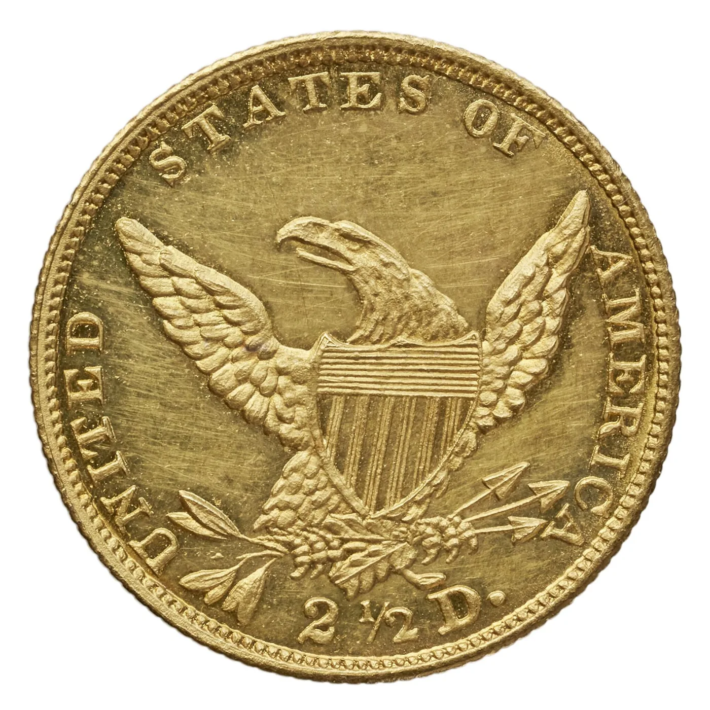 Reverse of the same 1839 Classic Head quarter eagle showing a heraldic eagle with a striped shield on its breast, an olive branch and arrows in its talons, 2 1/2 D. below and an empty field above the eagle's head