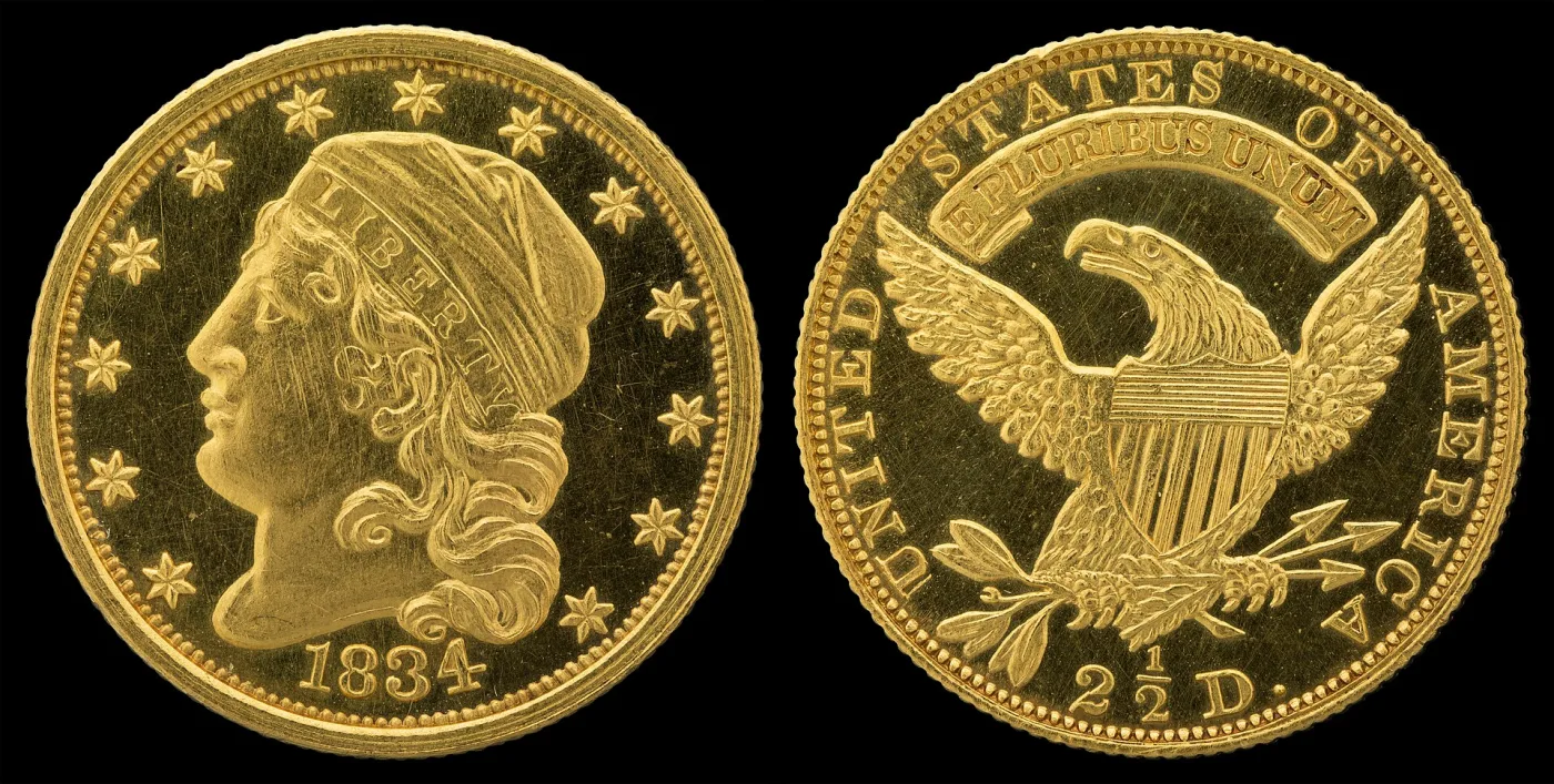 Obverse and reverse of an 1834 Capped Head quarter eagle, not a Classic Head, showing the capped portrait dated 1834 and a scroll reading E PLURIBUS UNUM above the eagle with 2 1/2 D. below