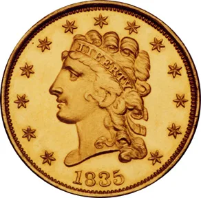Obverse of an 1835 Classic Head quarter eagle showing Liberty facing left with LIBERTY on a flat fillet across the brow, stars around the rim and the date 1835 below