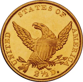 Reverse of an 1835 Classic Head quarter eagle showing the heraldic eagle with shield, olive branch and arrows, 2 1/2 D. below the eagle and an empty field between the eagle's head and STATES OF
