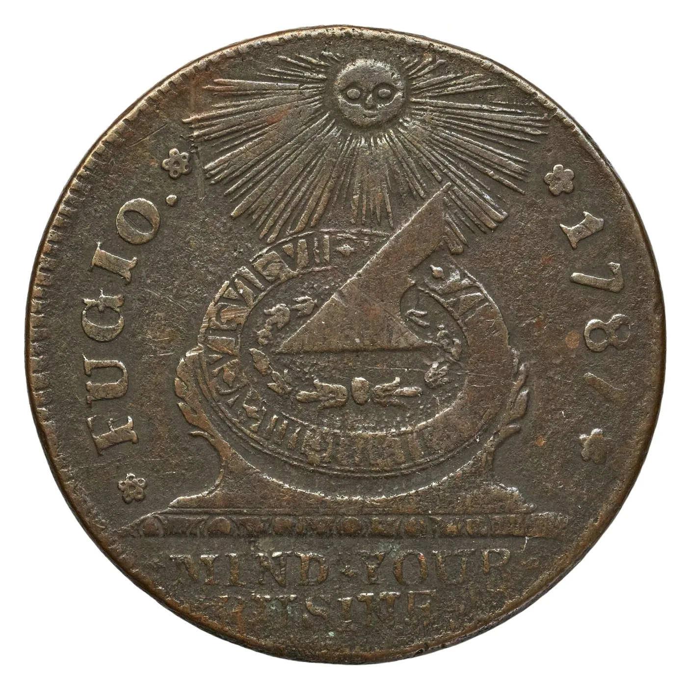 Obverse of a heavily worn 1787 Fugio cent with flattened fields and MIND YOUR BUSINESS reduced to faint outlines