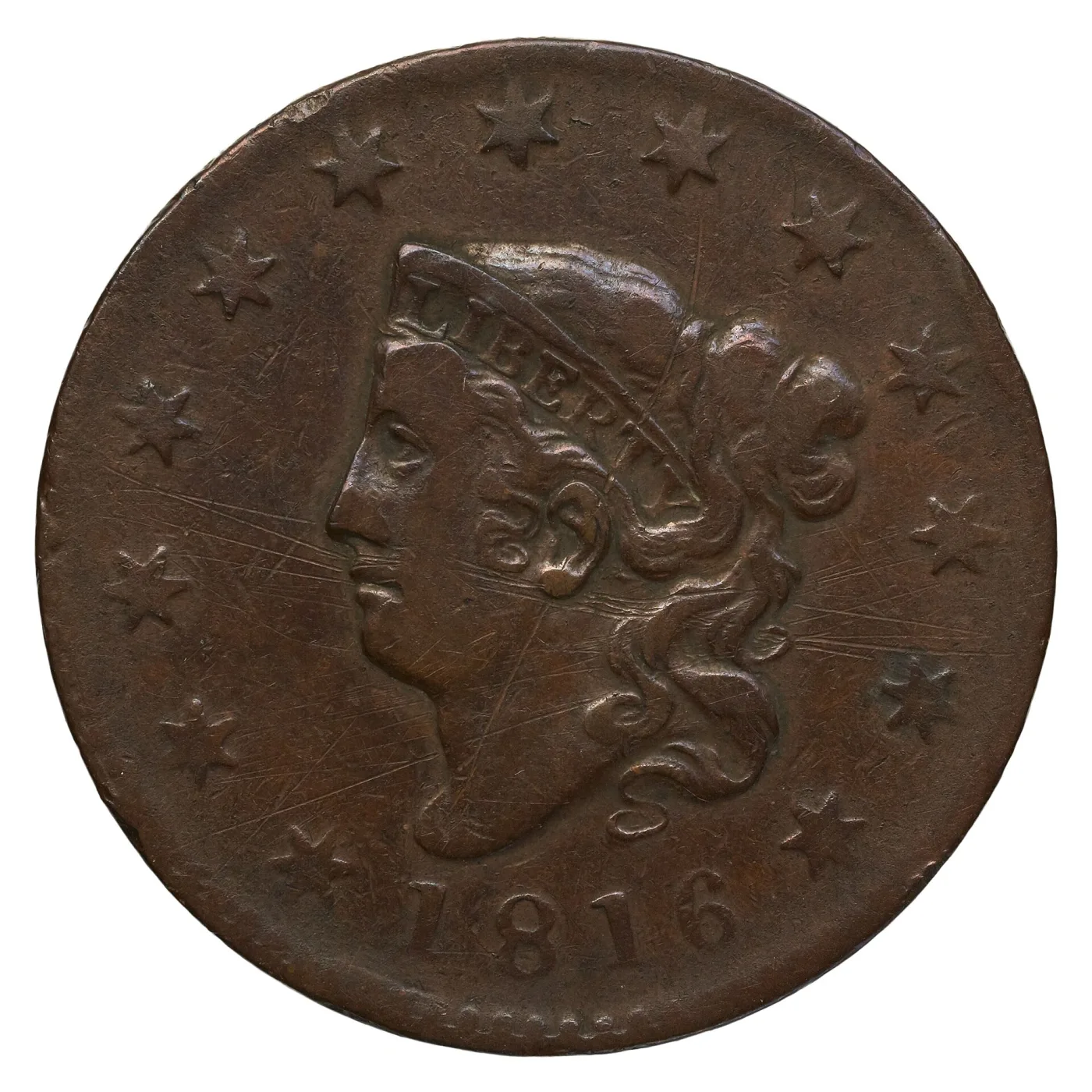 Obverse of a circulated 1816 Coronet Head large cent with fine scratches across the fields, Liberty facing left in a coronet lettered LIBERTY above the date 1816