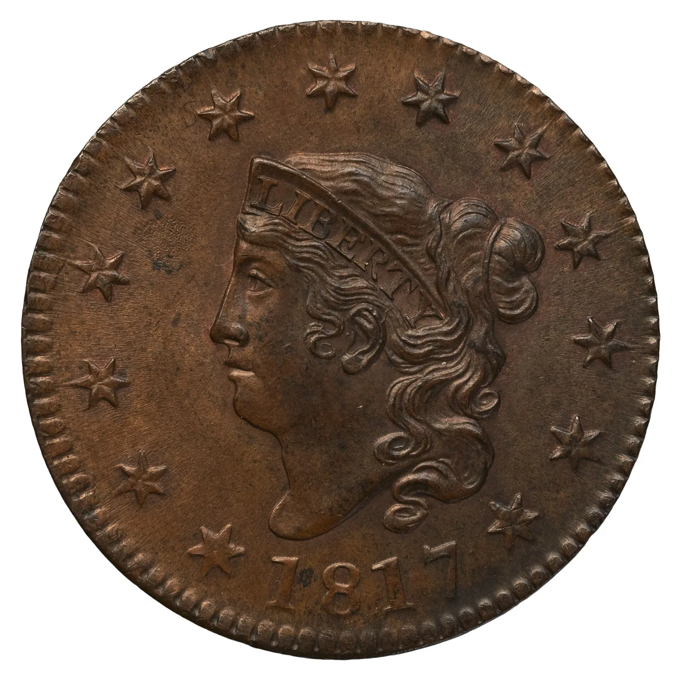 Obverse of an 1817 Coronet Head large cent, Liberty facing left wearing a plain coronet lettered LIBERTY across her brow, ringed by thirteen stars above the date 1817