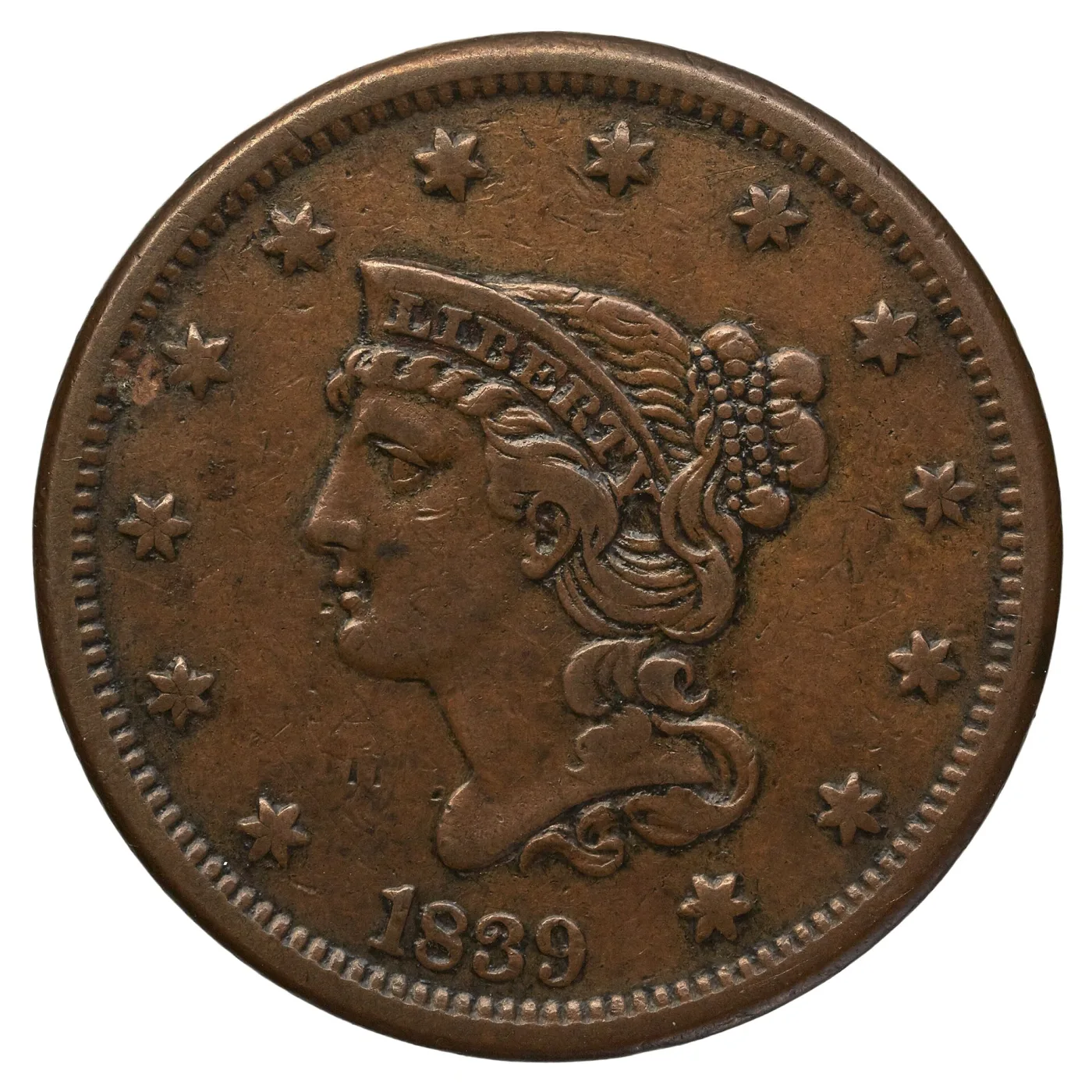 Obverse of an 1839 large cent showing a small youthful Liberty whose hair is gathered into a braided coil studded with a double row of beads, a coronet lettered LIBERTY and the date 1839 below
