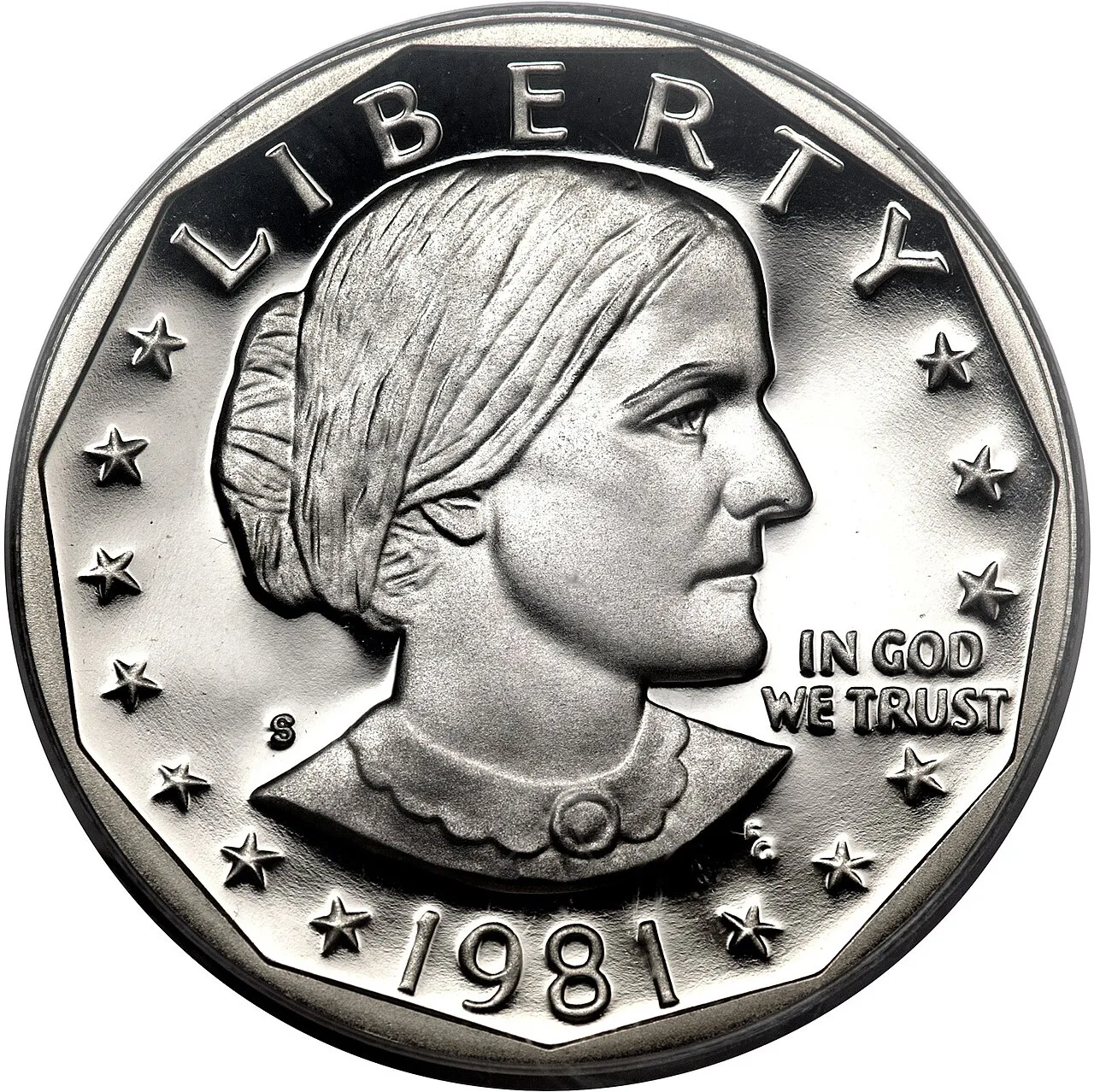 Obverse of a 1981-S proof Susan B. Anthony dollar, her portrait facing right with an S mint mark at left and the eleven-sided border inside the rim