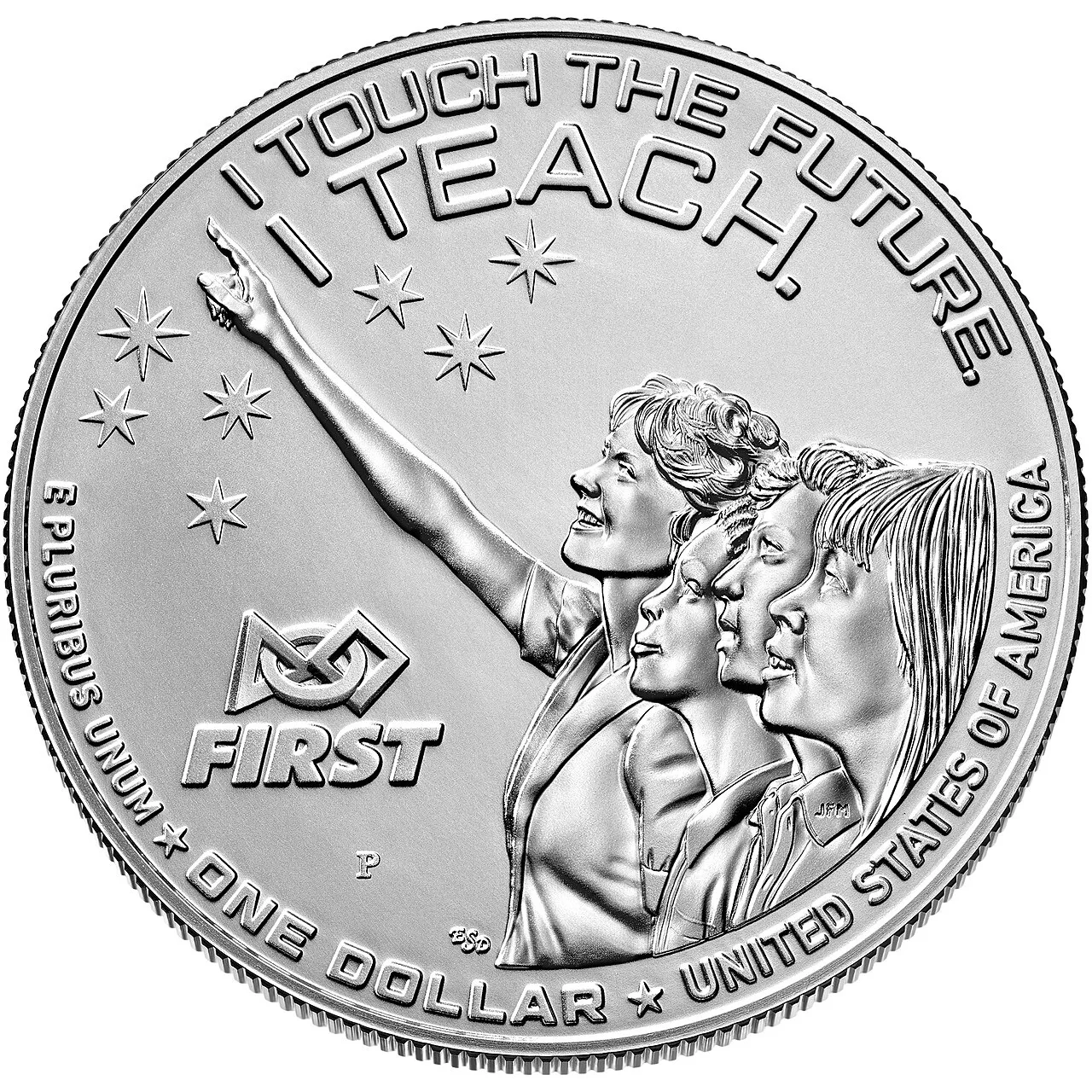 Reverse of the 2021 Christa McAuliffe silver dollar, McAuliffe pointing up toward seven stars while three students look on, with I TOUCH THE FUTURE. I TEACH. above