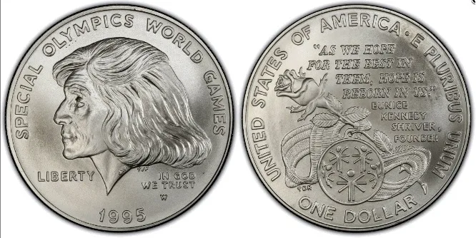 Both sides of a 1995 Special Olympics World Games silver dollar: Eunice Kennedy Shriver in profile facing left with a W mint mark, and a reverse with a rose, a medal and her quotation