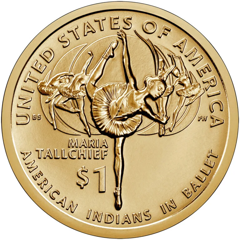 Reverse of the 2023 Native American dollar, a ballerina en pointe in a tutu with four smaller dancers behind her, inscribed MARIA TALLCHIEF, $1 and AMERICAN INDIANS IN BALLET