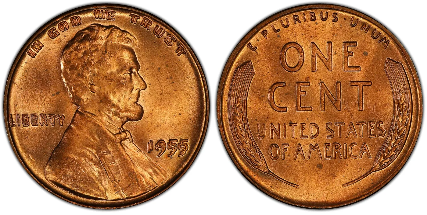 Obverse and reverse of a mint state 1955 doubled die Lincoln cent, the obverse lettering doubled and the reverse normal