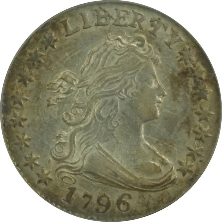Obverse of a 1796 Draped Bust dime showing Liberty facing right, LIBERTY arcing above the head, the date 1796 in the exergue and stars flanking the portrait