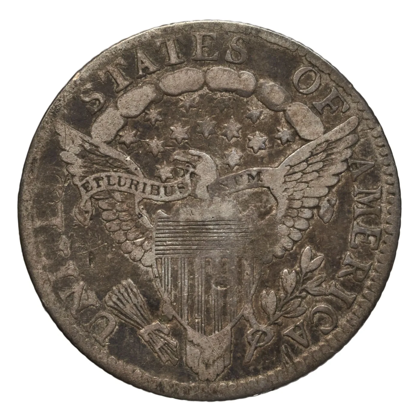 Heraldic Eagle reverse of the same 1798 Draped Bust dime, showing the shielded eagle, the E PLURIBUS UNUM banner and the cloud bank above
