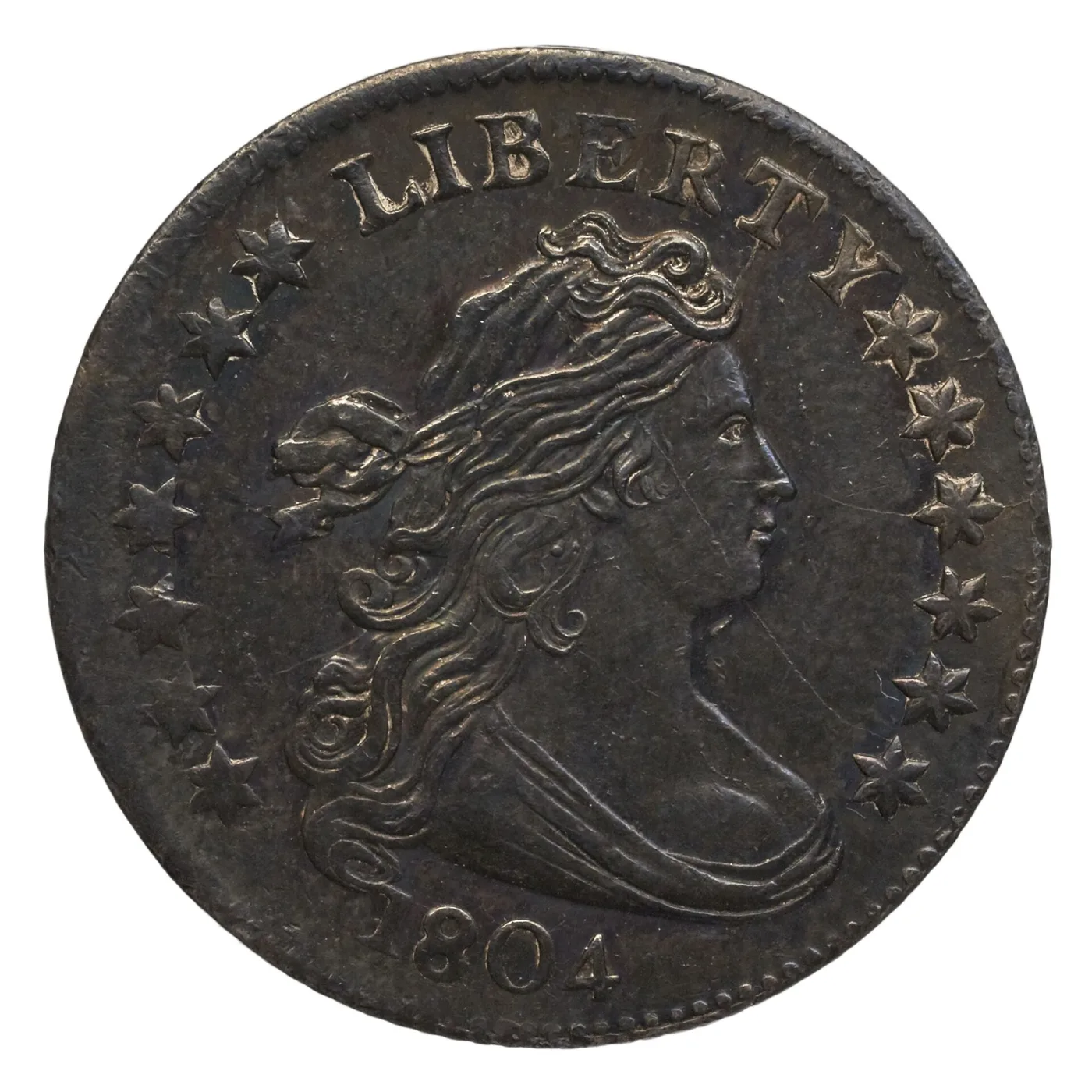 Obverse of an 1804 Draped Bust dime with the date clearly legible below the bust and hair and drapery detail still present