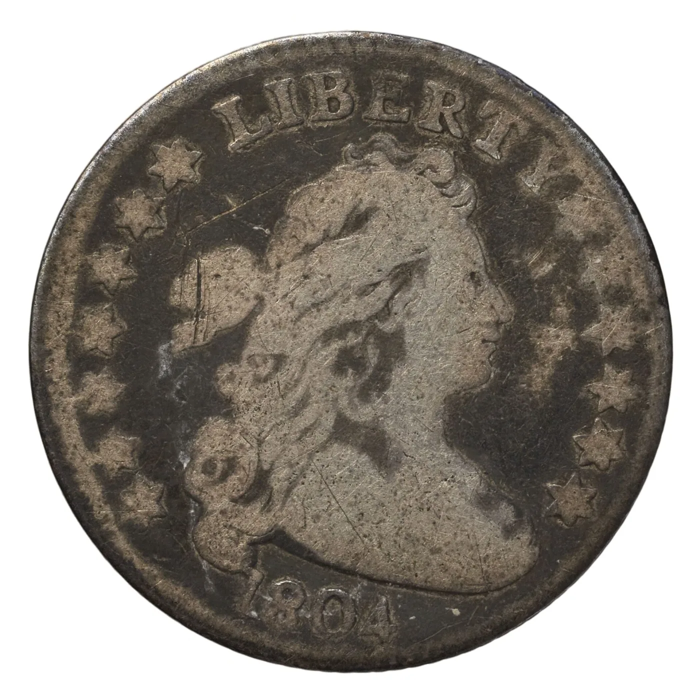 Obverse of a second, more heavily worn 1804 Draped Bust dime with the bust smoothed and the date faint
