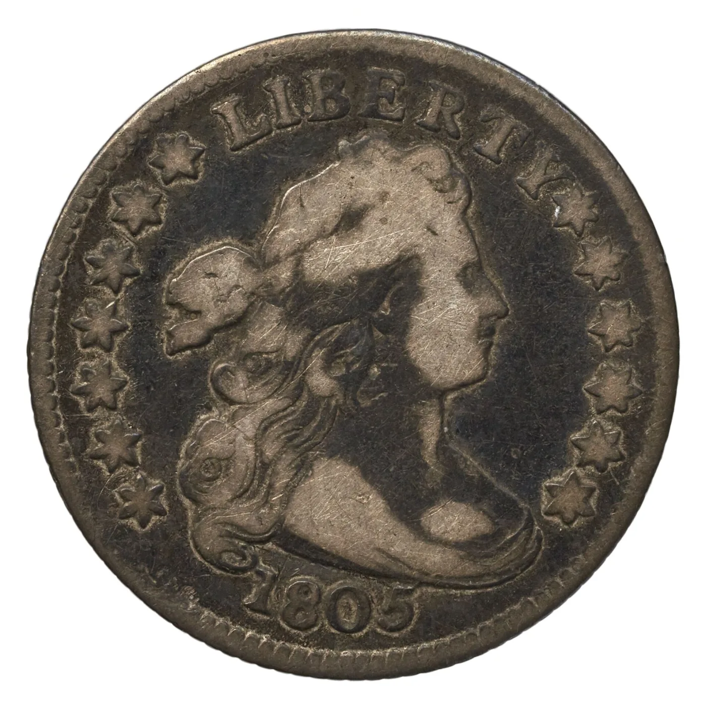 Obverse of an 1805 Draped Bust dime with seven stars to the left of the portrait and six to the right