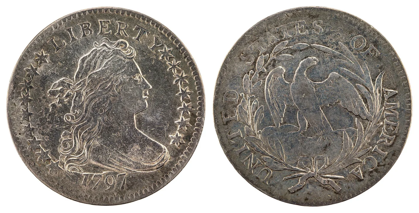 Obverse and reverse of a 1797 Draped Bust dime, the obverse dated 1797 with Liberty facing right and the reverse showing a slender eagle on clouds inside an open wreath