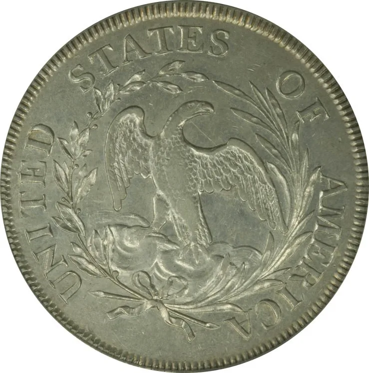 Reverse of the same 1796 Draped Bust dollar showing a small eagle with raised wings inside an open palm and olive wreath tied with a bow