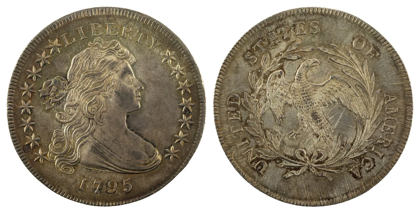 Obverse and reverse of a 1795 Draped Bust dollar, the obverse showing Liberty facing right below LIBERTY and the reverse a slender eagle standing inside an open wreath
