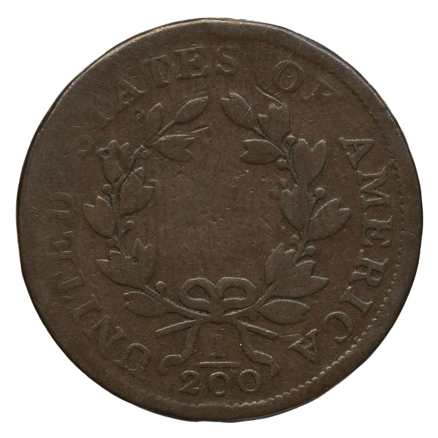 Reverse of the same worn 1802 Draped Bust half cent, the centre of the wreath completely smooth with no HALF CENT lettering, the fraction 1/200 still readable below the bow