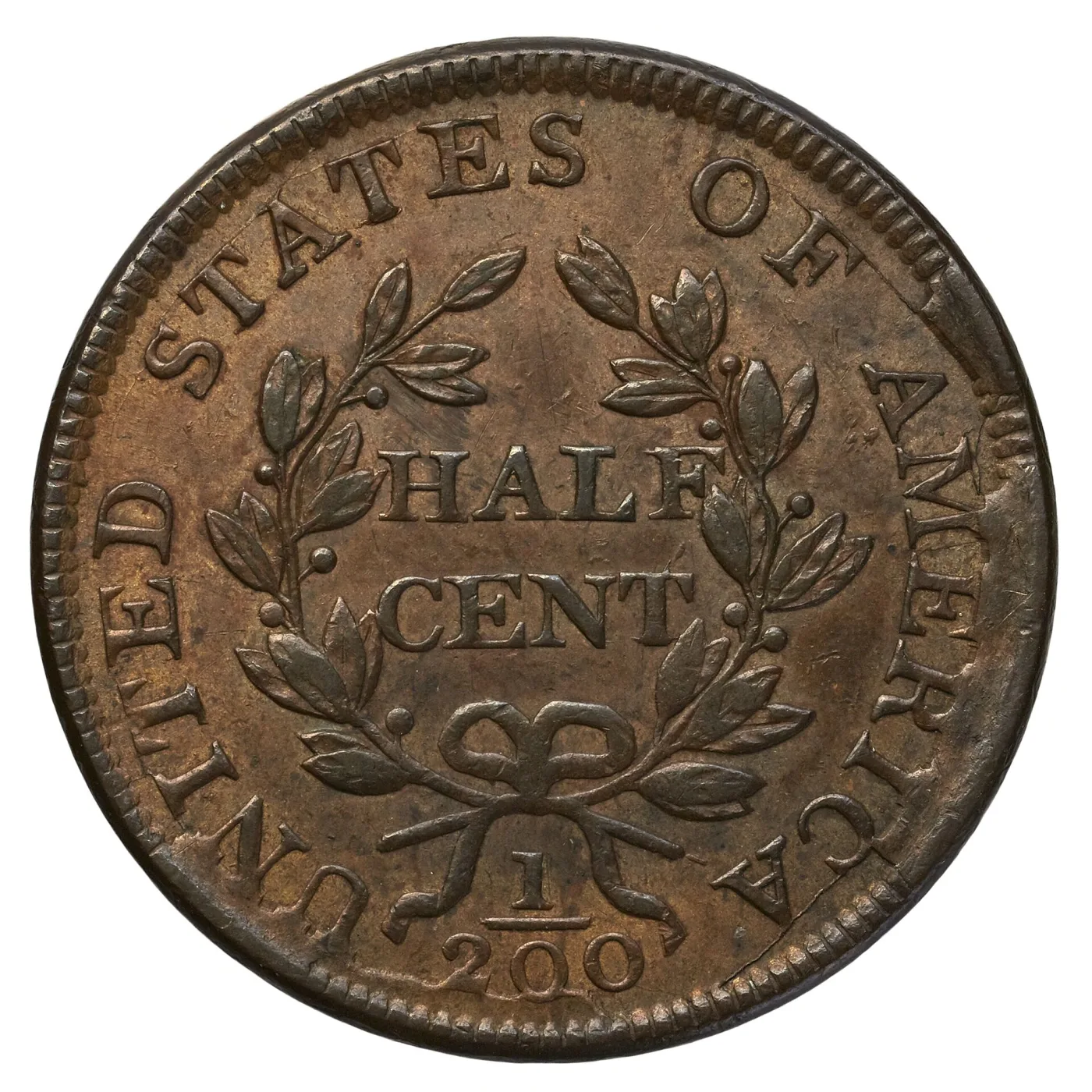 Reverse of the same 1804 Draped Bust half cent showing HALF CENT in the wreath, two straight stems projecting below the bow toward the rim and the fraction 1/200