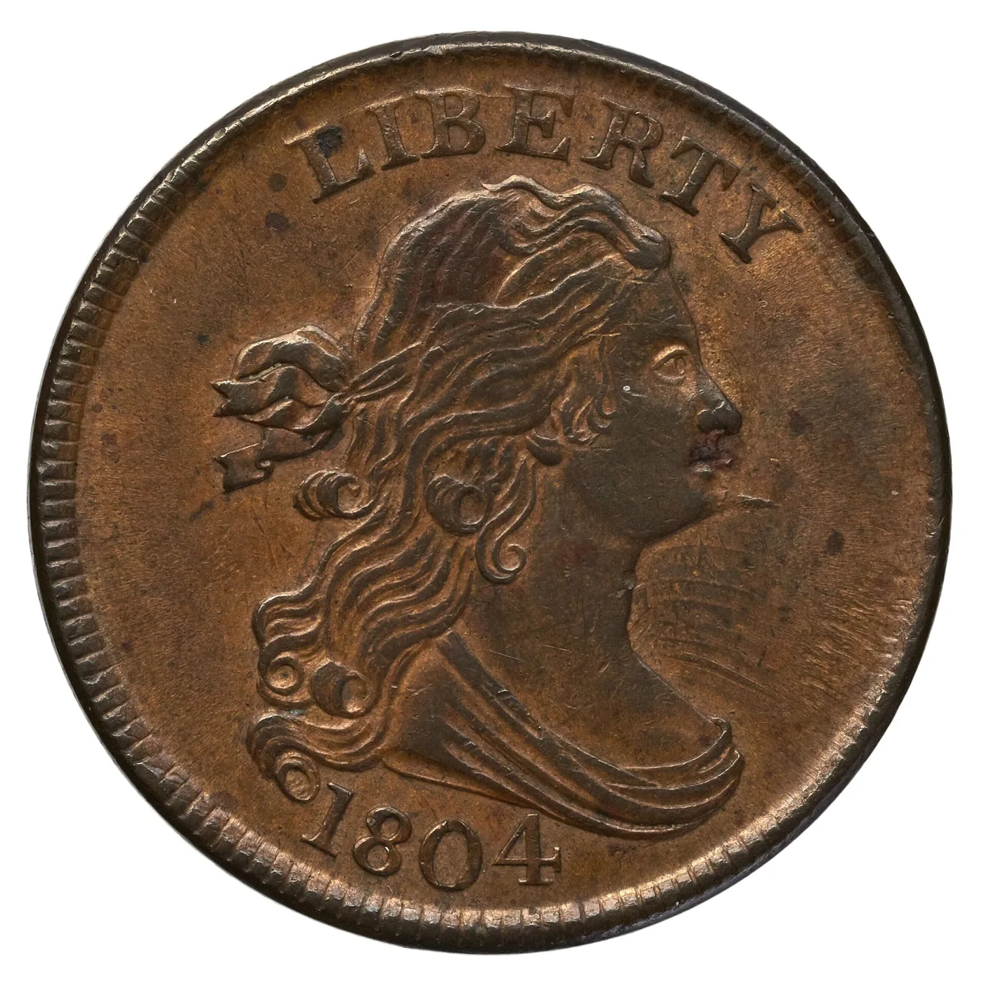 Obverse of a sharply struck 1804 Draped Bust half cent, LIBERTY above the portrait and the date 1804 below, the final numeral showing a serif at the end of its crossbar