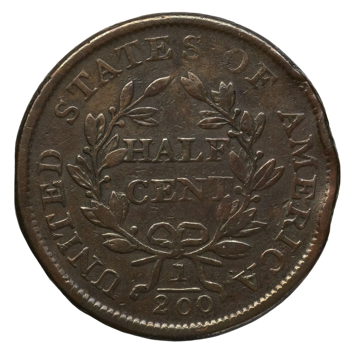 Reverse of the same 1805 Draped Bust half cent showing HALF CENT in the wreath, two stems below the bow and the fraction 1/200