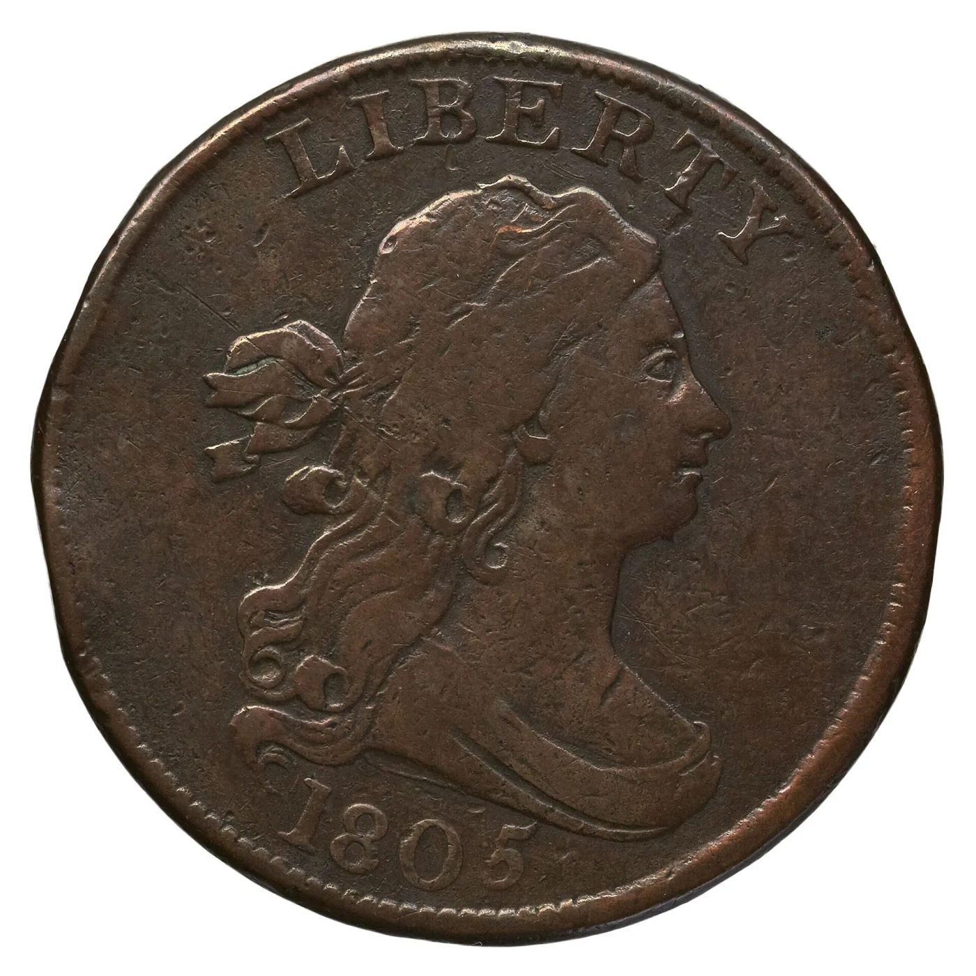 Obverse of a circulated 1805 Draped Bust half cent with LIBERTY arched above the portrait and the date 1805 below the bust