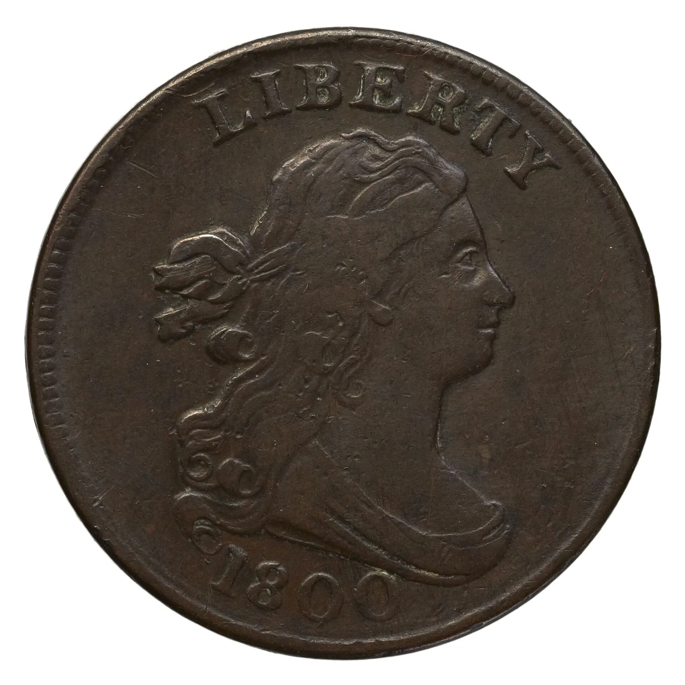 Obverse of an 1800 Draped Bust half cent showing Liberty facing right with flowing hair tied by a ribbon, LIBERTY arched above and the date 1800 below the bust