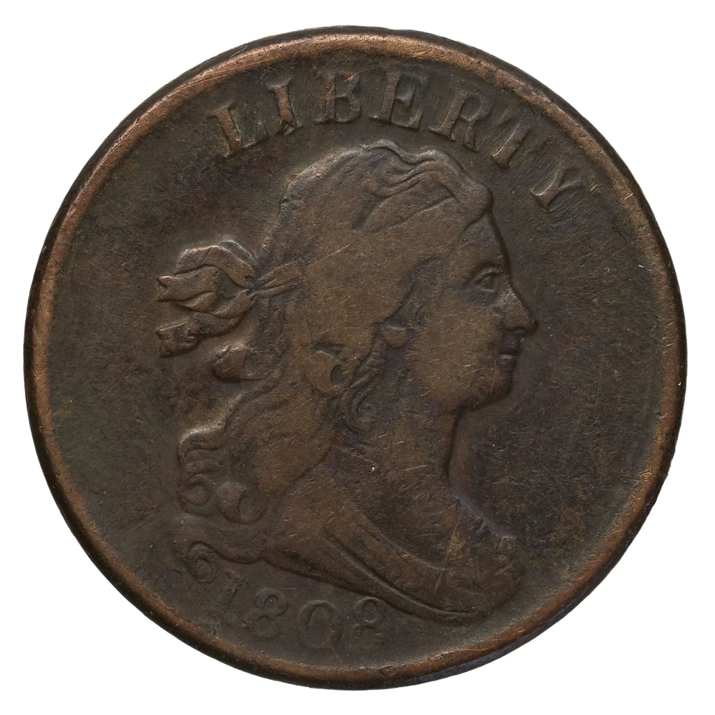 Obverse of a circulated 1808 Draped Bust half cent with LIBERTY above the portrait and the date 1808 below the bust