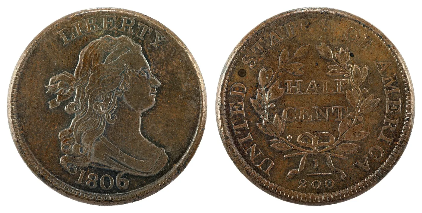 Obverse and reverse of an 1806 Draped Bust half cent, Liberty facing right under LIBERTY with the date below, and HALF CENT inside an olive wreath above the fraction 1/200