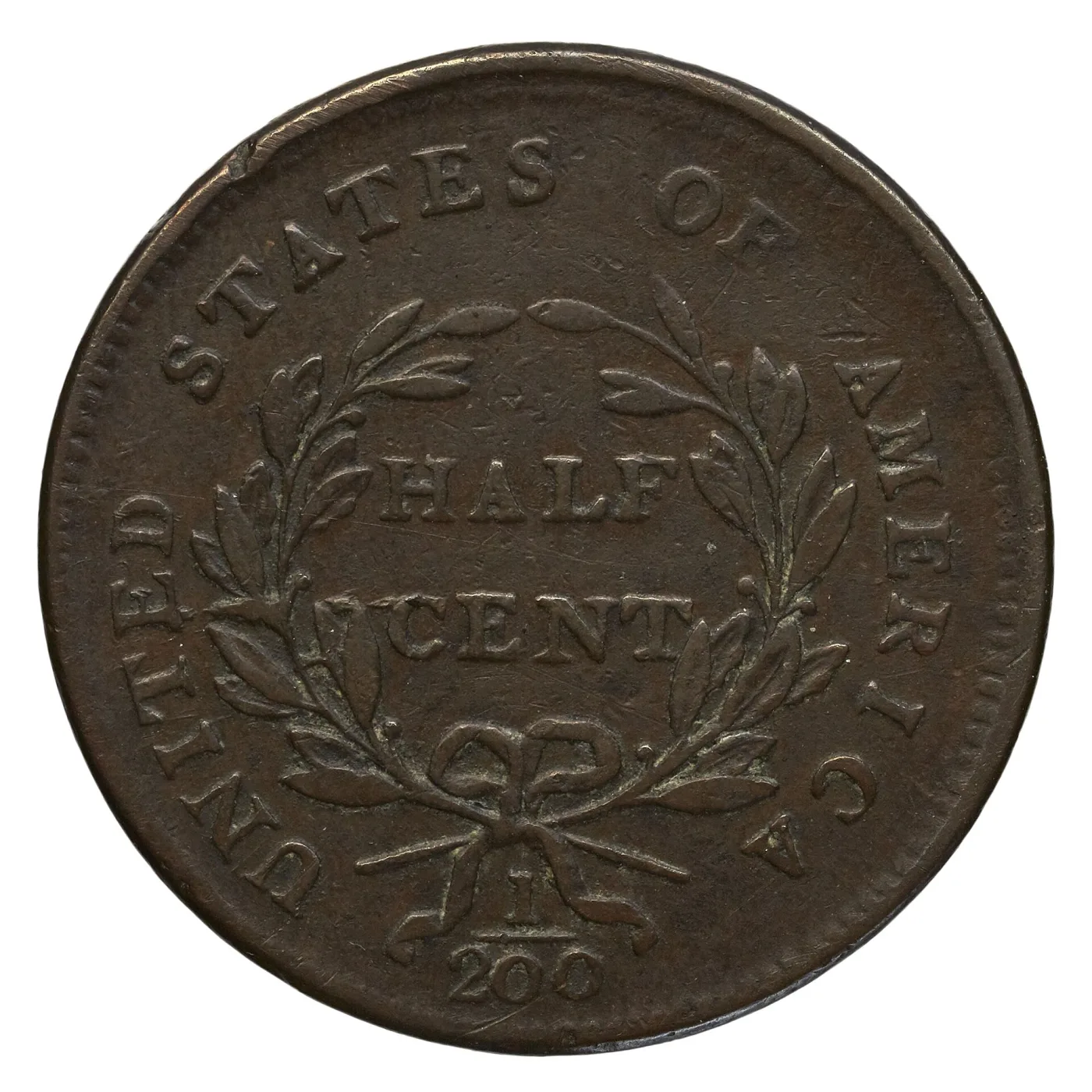Reverse of the same 1800 Draped Bust half cent showing HALF CENT inside an olive wreath tied with a bow, UNITED STATES OF AMERICA around the rim and the fraction 1/200 below the bow