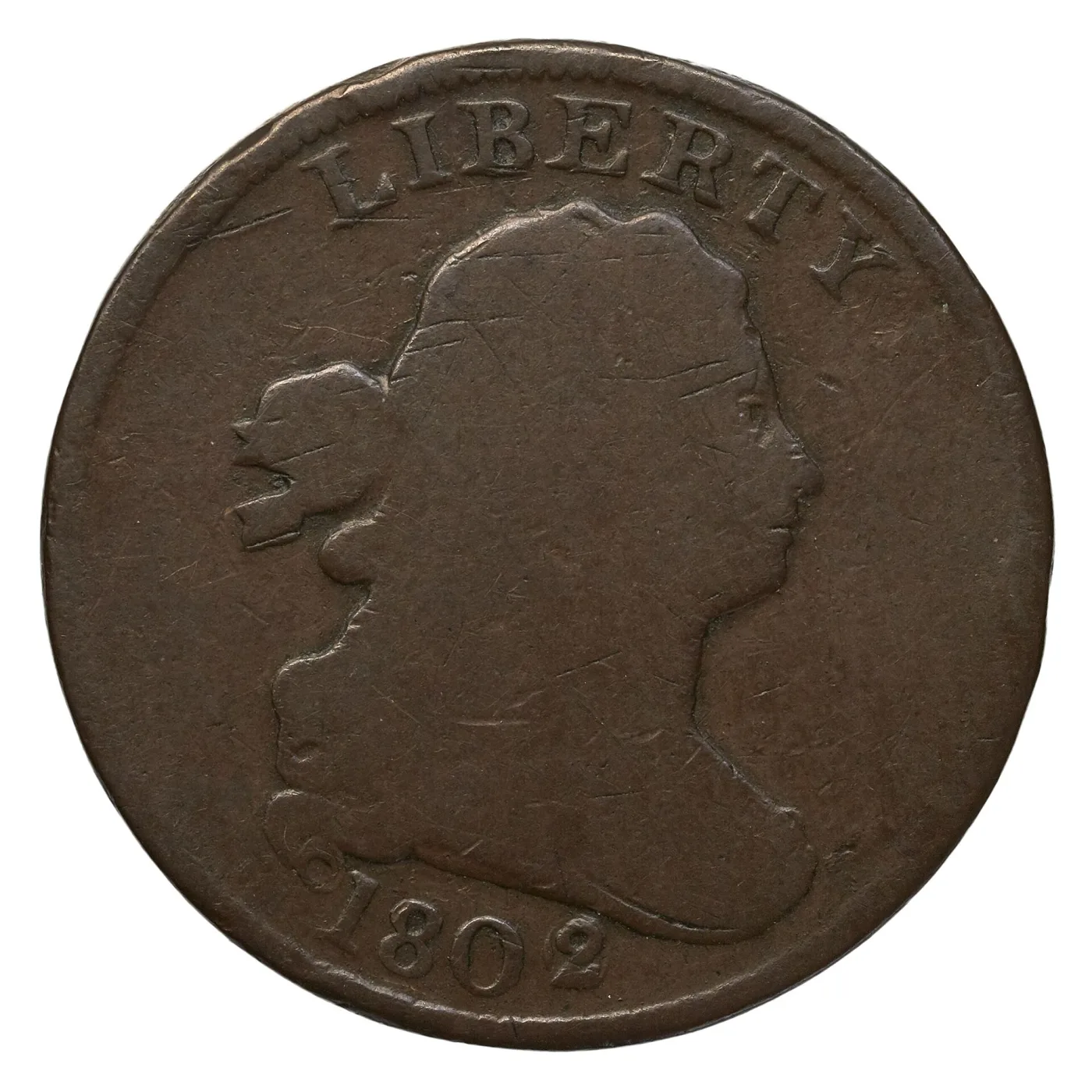 Obverse of a heavily worn 1802 Draped Bust half cent, the portrait reduced almost to a smooth silhouette, LIBERTY faint and the date 1802 still fully legible