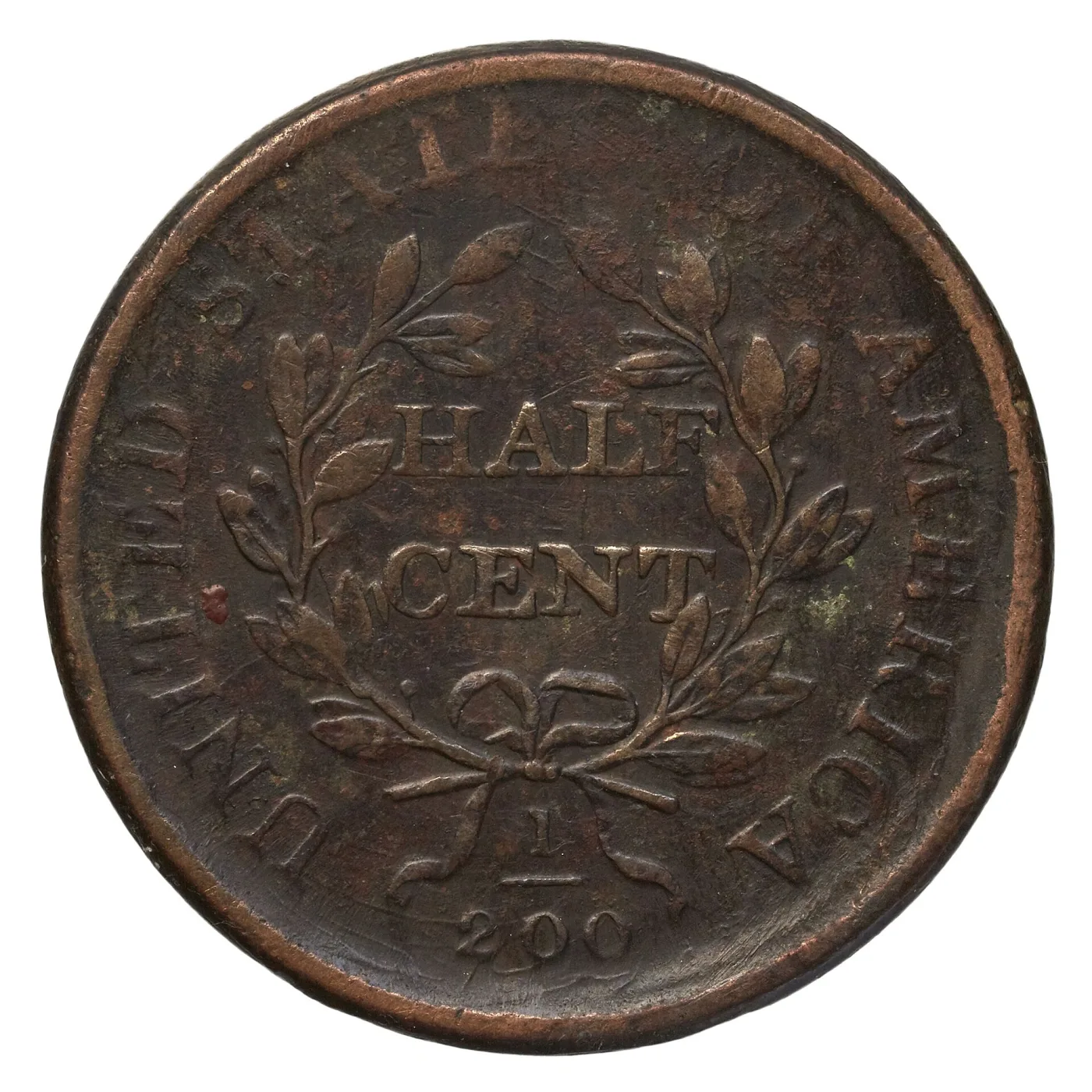 Reverse of the same 1808 Draped Bust half cent showing HALF CENT in the wreath, stems projecting below the bow and the fraction 1/200