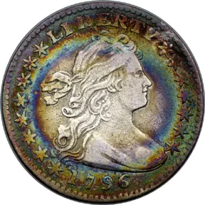 Obverse of a 1796 Draped Bust half dime with rainbow toning around the rim and the LIBERTY legend intact across the top