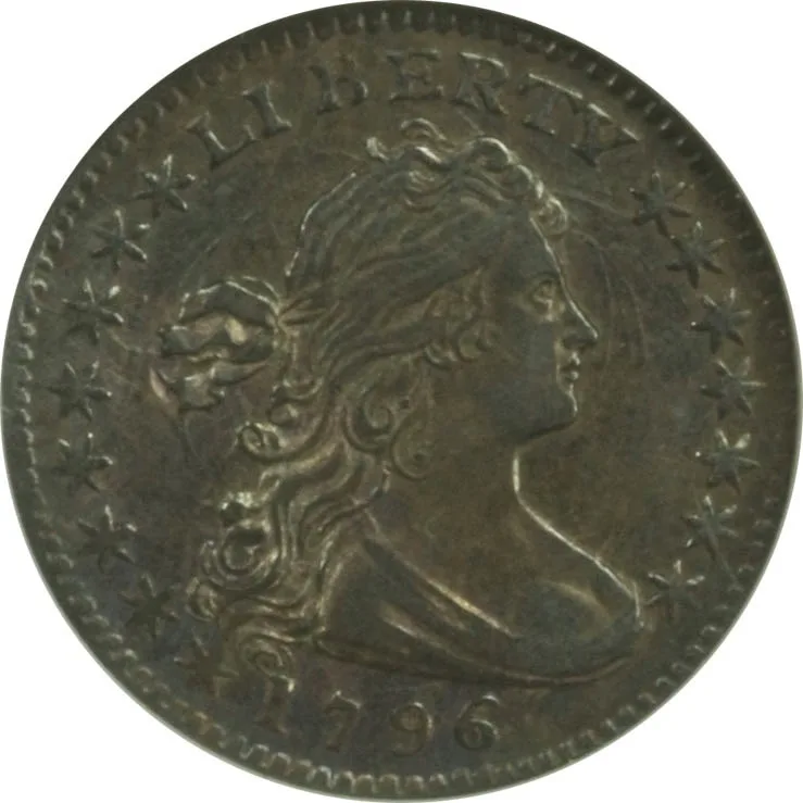 Obverse of a 1796 Draped Bust half dime with LIBERTY arced across the top, the date in the exergue and stars flanking the bust