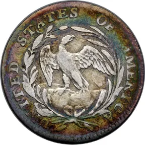 Small Eagle reverse of an 1796 Draped Bust half dime, showing the slight naturalistic eagle perched on a cloud within palm and olive branches