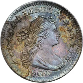 Obverse of an 1800 Draped Bust half dime with heavy blue and gold toning, LIBERTY across the top and the date below the bust
