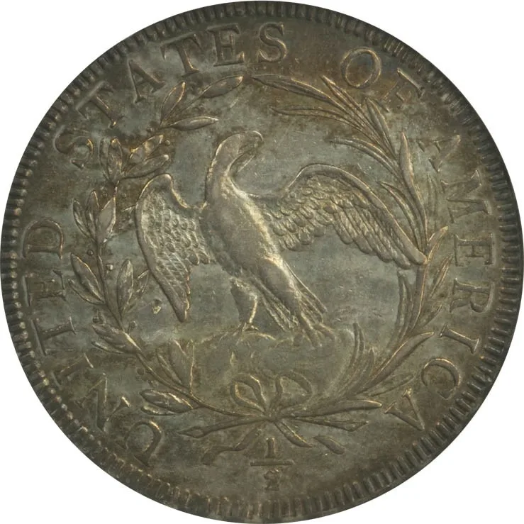 Small Eagle reverse of a 1796 half dollar, a small naturalistic eagle with raised wings perched on a cloud inside an open palm and olive wreath
