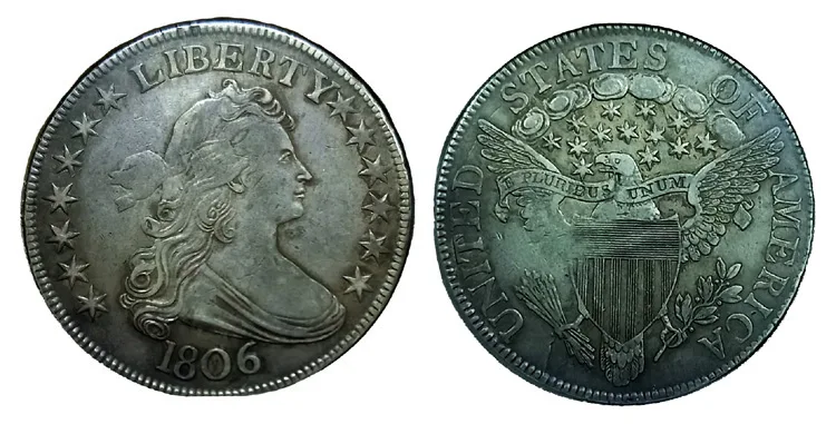 Obverse and reverse of an 1806 Draped Bust half dollar side by side, Liberty in drapery ringed by thirteen stars and a heraldic eagle carrying a striped shield