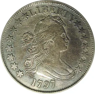 Obverse of a 1797 Draped Bust half dollar showing the date 1797 below the bust and fifteen stars around Liberty