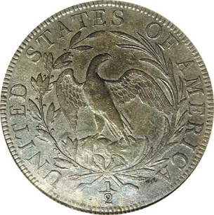 Small Eagle reverse of a Draped Bust half dollar with the fraction 1/2 struck below the crossed ribbon at the base of the wreath
