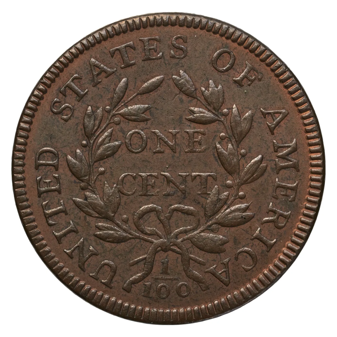 Reverse of the same 1796 large cent showing ONE CENT in a laurel wreath, two stems projecting below the ribbon bow and the fraction 1/100 at the bottom