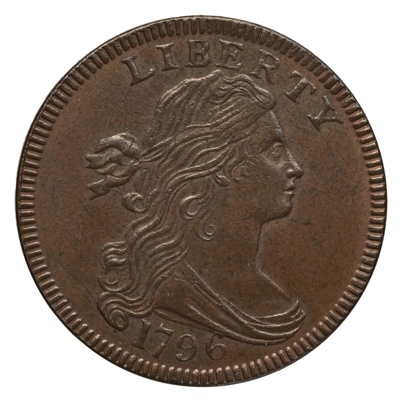 Obverse of a brown 1796 Draped Bust large cent with sharp hair detail, LIBERTY arched above the portrait and the date 1796 below the bust